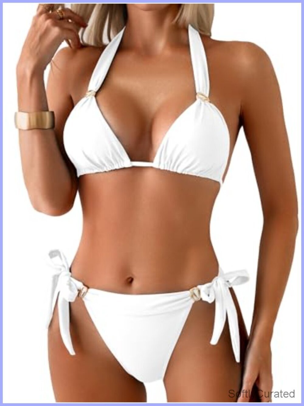Ruched Triangle Bikini Set with Gold-Plated Rings Adjustable Halter Top Cheeky
